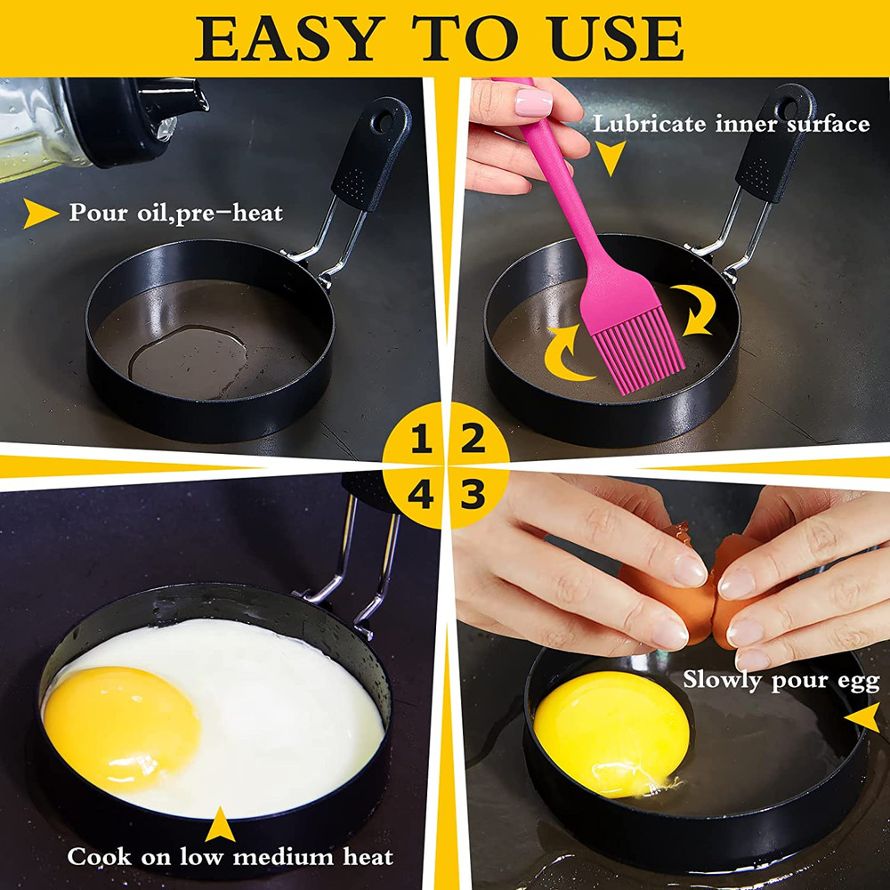 2-Pack Round+Square Egg Rings Set with Silicone Handle, Stainless Steel Egg Cook