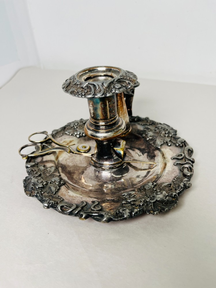 Antique Sheffield Silver Plate Over Copper Candle Holder w/Scissors,Early 1800's
