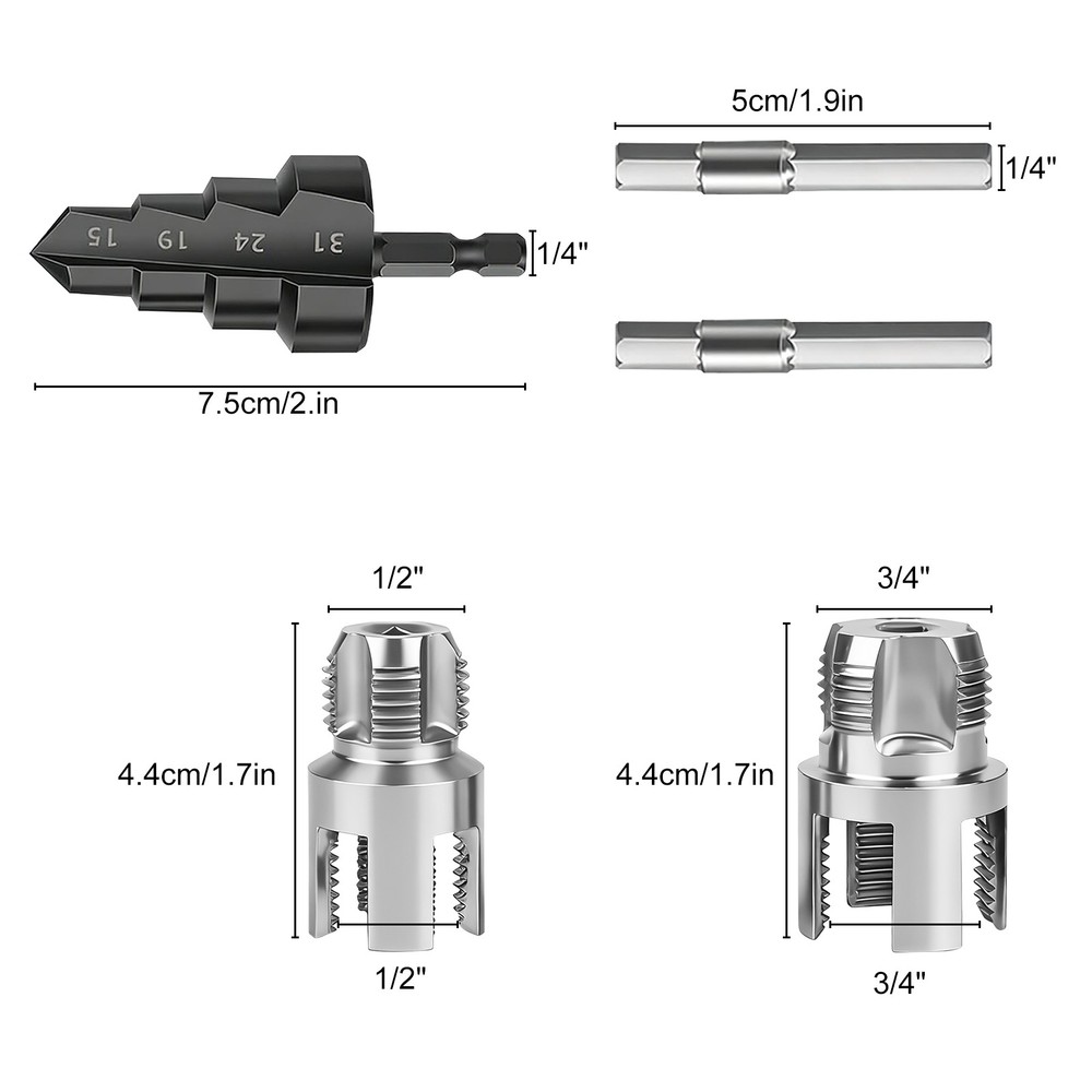 PVC Pipe Threader Kit 1/2" 3/4" Internal External Threading Dies+Step Drill Bit