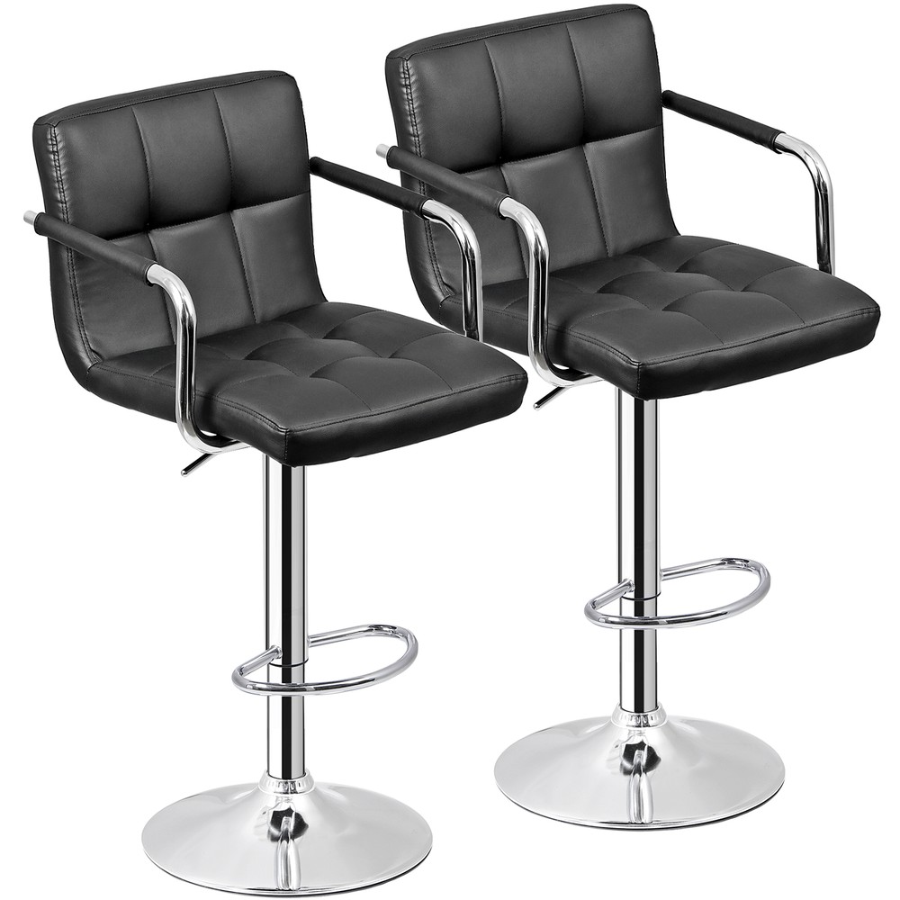 2PCS Adjustable Bar Stools PU Leather Modern Dinning Chair with Armrest Black