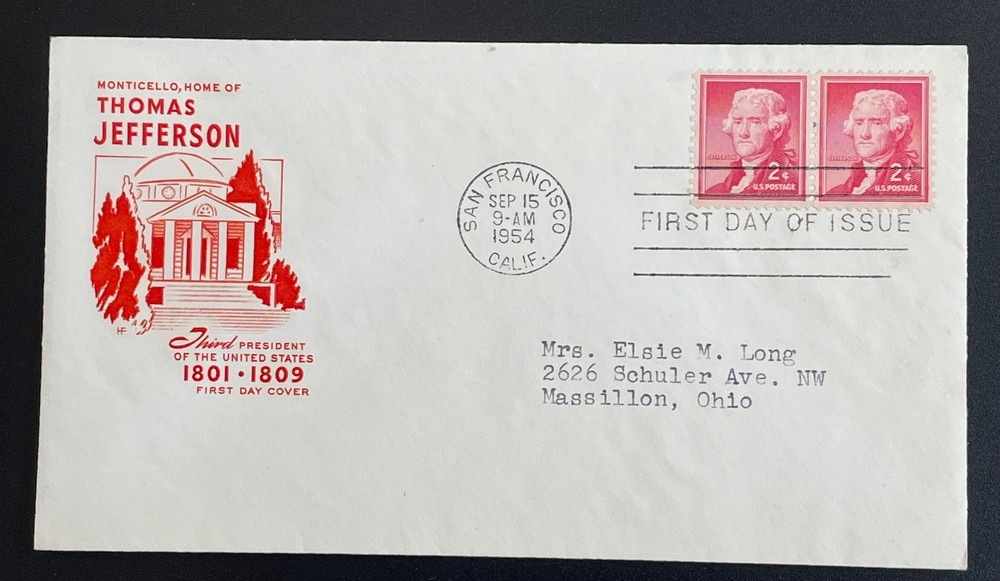 US FDC #1033 Thomas Jefferson Pair; Cachet; Postmark: San Francisco