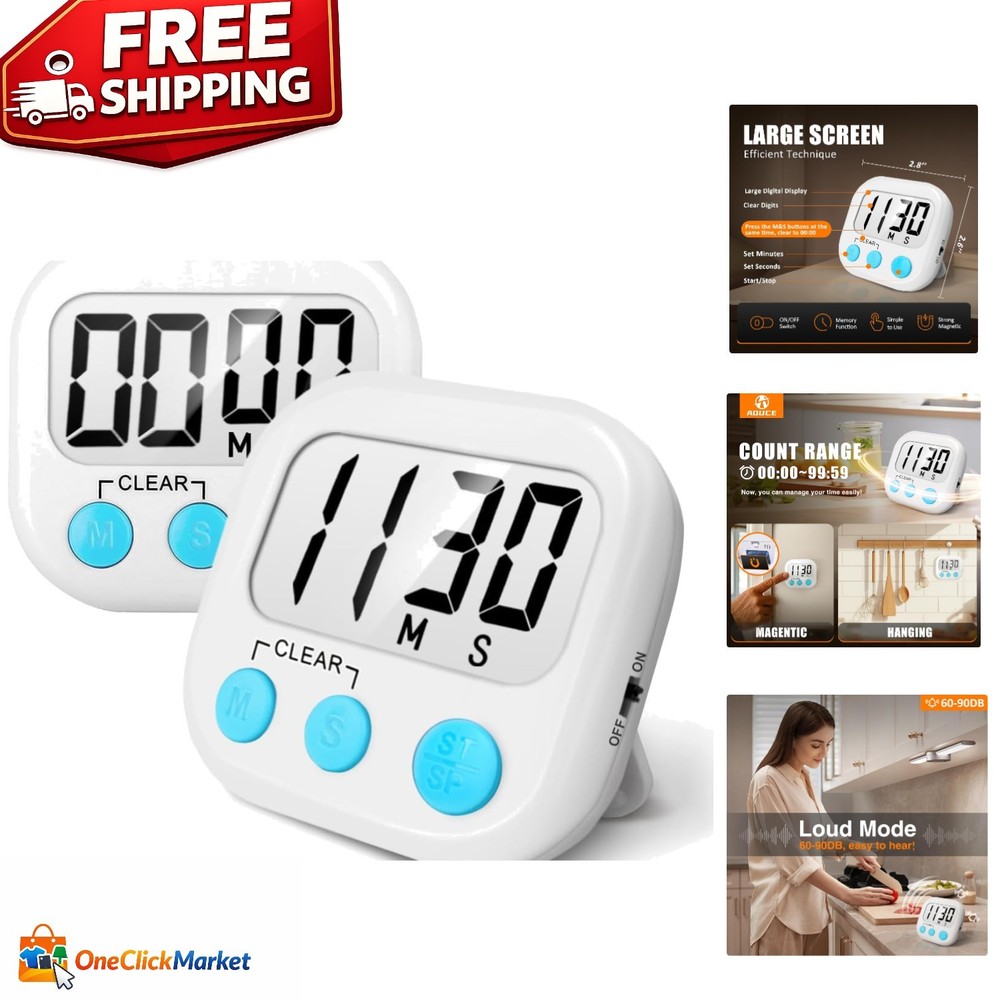 2 Pack Digital Kitchen Timer - Large Display & Loud Alarm for Precision Baking