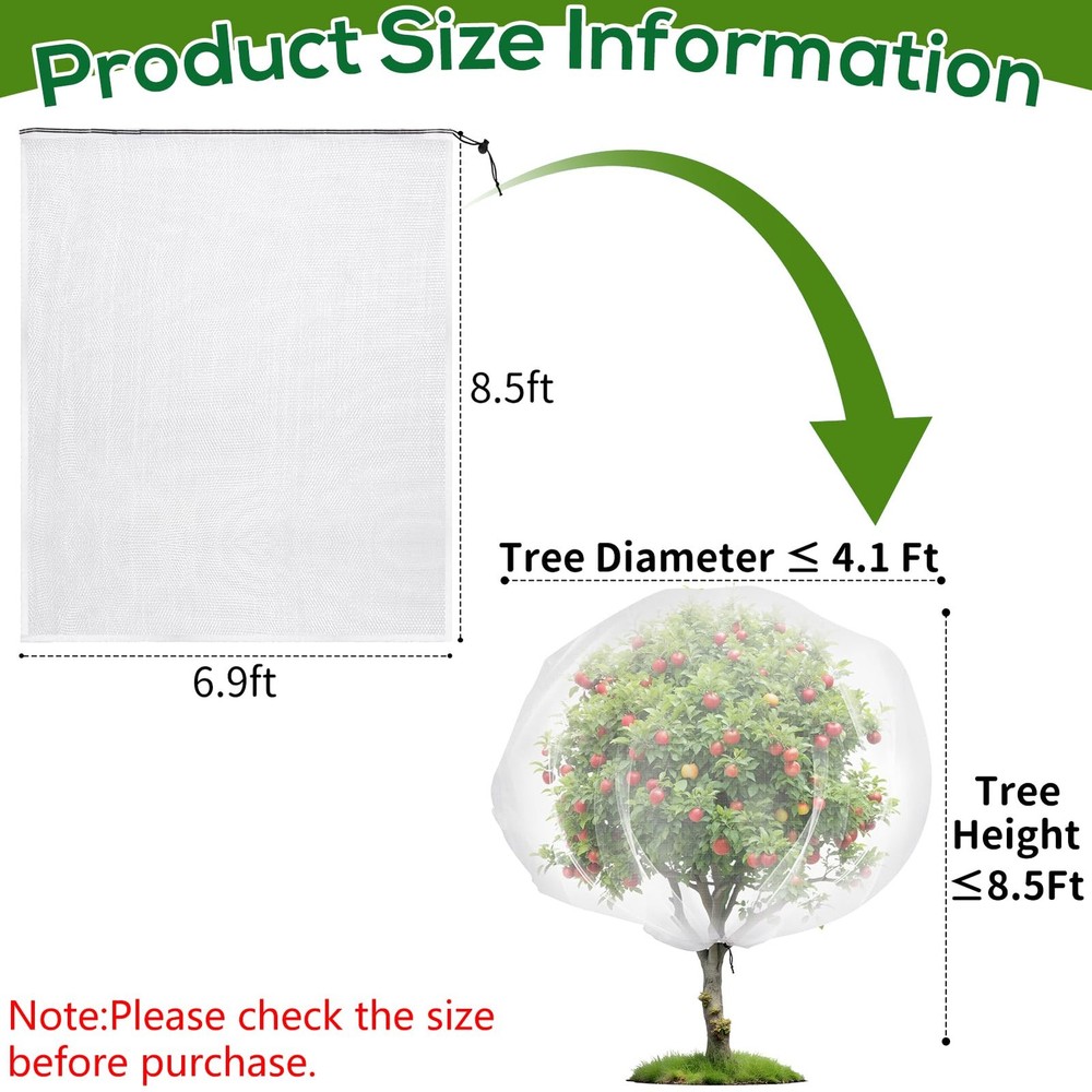 Fruit Tree Netting with Drawstring, 6.9x8.5ft 6.9 x 8.5FT/1Pack, White