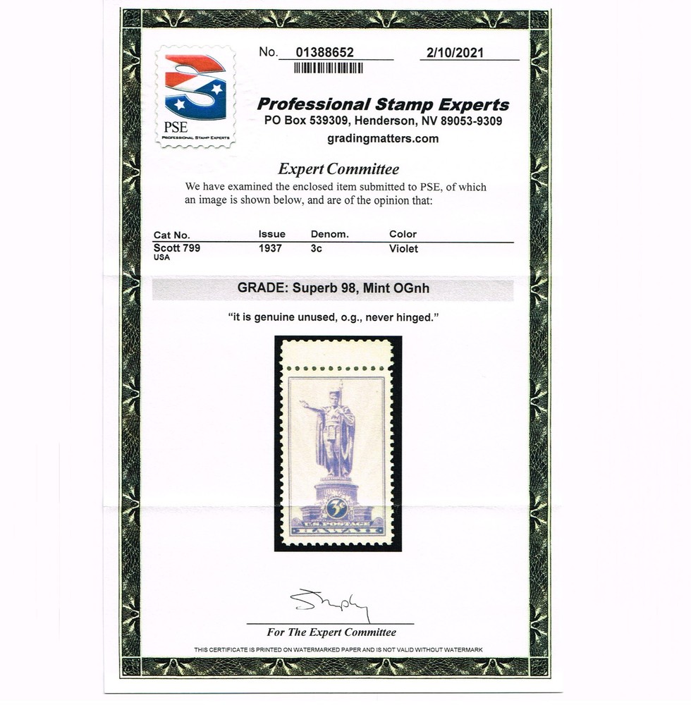 EXCEPTIONAL GENUINE SCOTT #799 MINT PRISTINE OG NH PSE CERT GRADED SUPERB-98