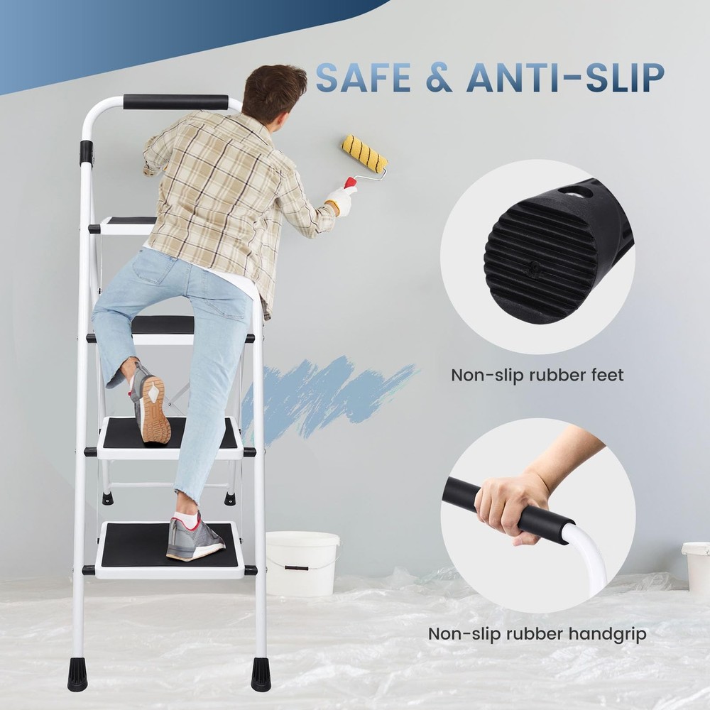 OLIXIS Step Ladder, 4 Sturdy Stool with 4-Step 330lbs Max Load, Black