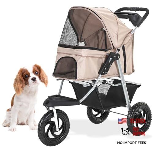 3-Wheel Jogging Dog Stroller with Storage 3 wheel Stroller w/ Basket-Tan
