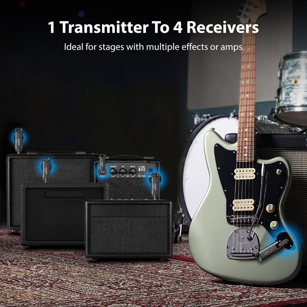 Professional UHF Wireless Guitar Transmitter Receiver 3ms Latency 4 Channels US