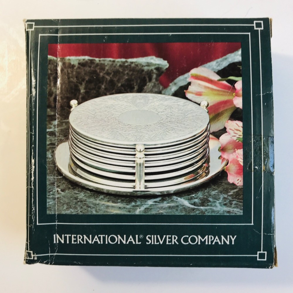 1992 Internatl. Silver Co Silverplated 7 pc COASTER SET-6 Embossed Coasters+Rack