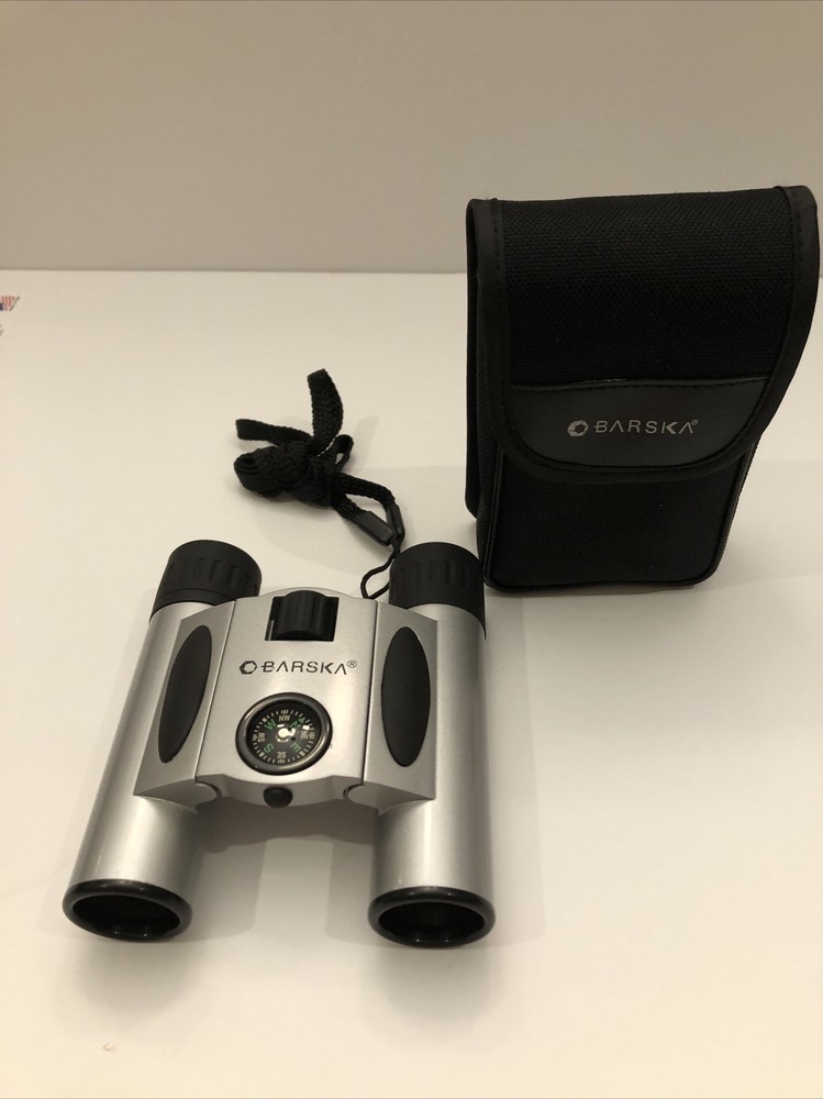 Barska 10x25 Compact Binoculars with Compass & Case Good Used Condition