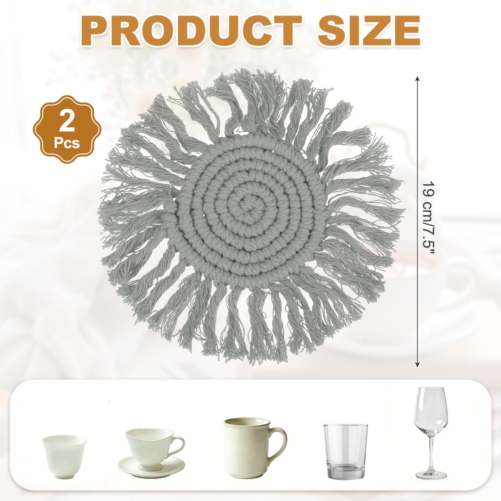 2Pcs Boho Coasters, Woven Drink Coasters with Tassel, Gray