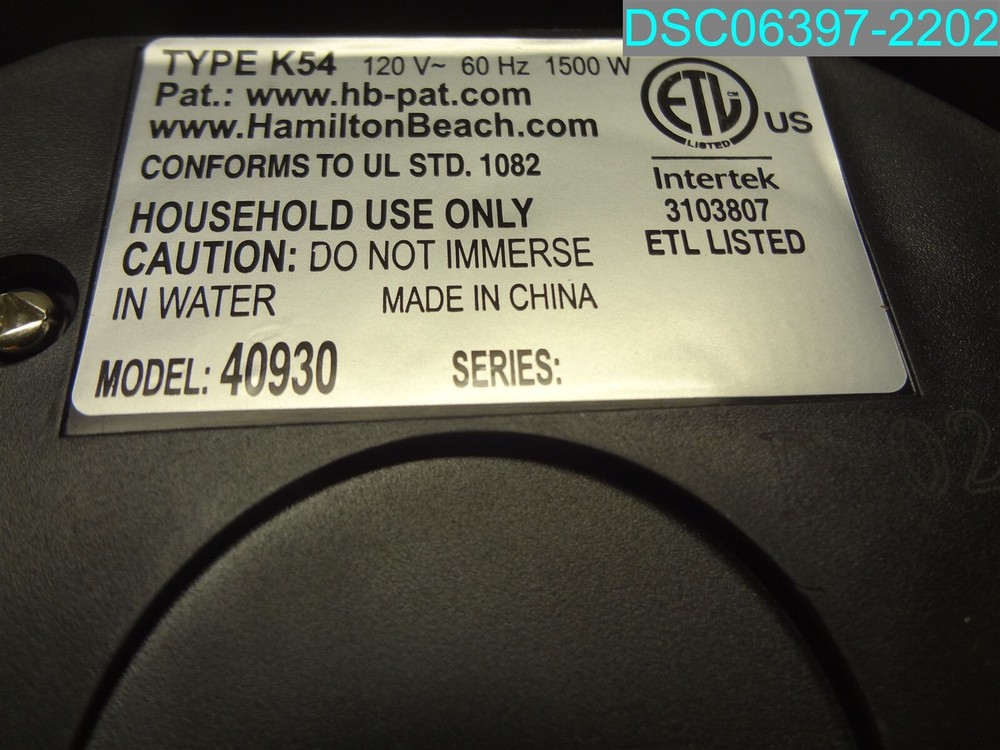 Hamilton Beach 40930 TYPE K54 3103807 REPLACEMENT PART