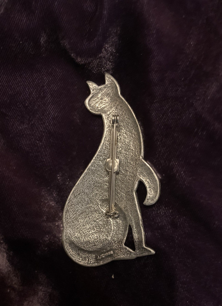 Large JJ Cat Brooch Silver Tone Signed