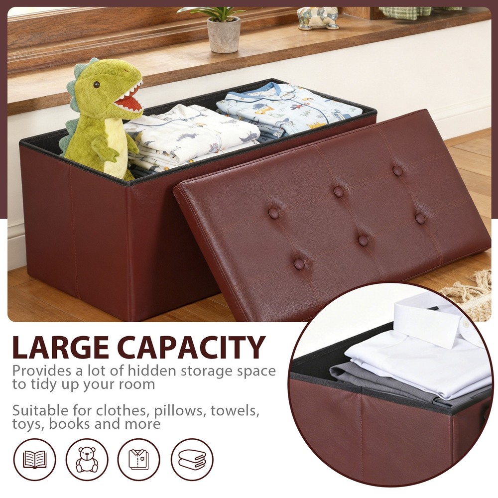 30" Sturdy Ottomans Footstools Soft Leather Brown Storage Footrest Foldable