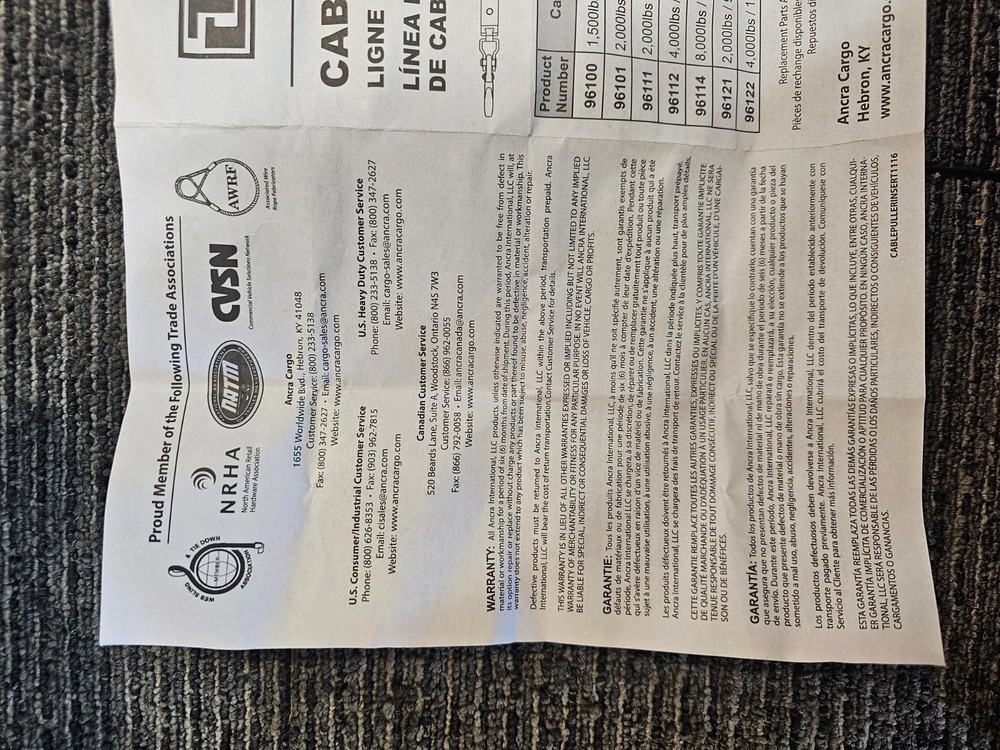 Ancra International 96112 Double Line 2 Ton Cable Puller 4,000 lbs Capacity