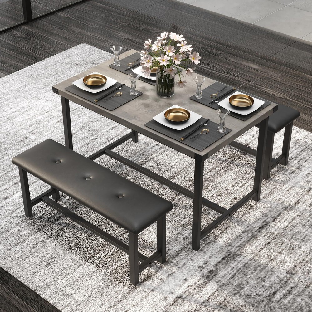 4PCS Kitchen Table Set with 2 Benches Dining Table Set with Upholstered Benches