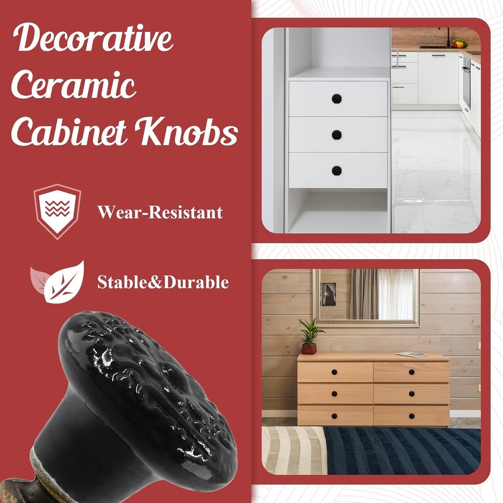 4pcs Black Ceramic Knobs, Vintage & Retro Dresser & Cabinet Knobs, Decorative Dr