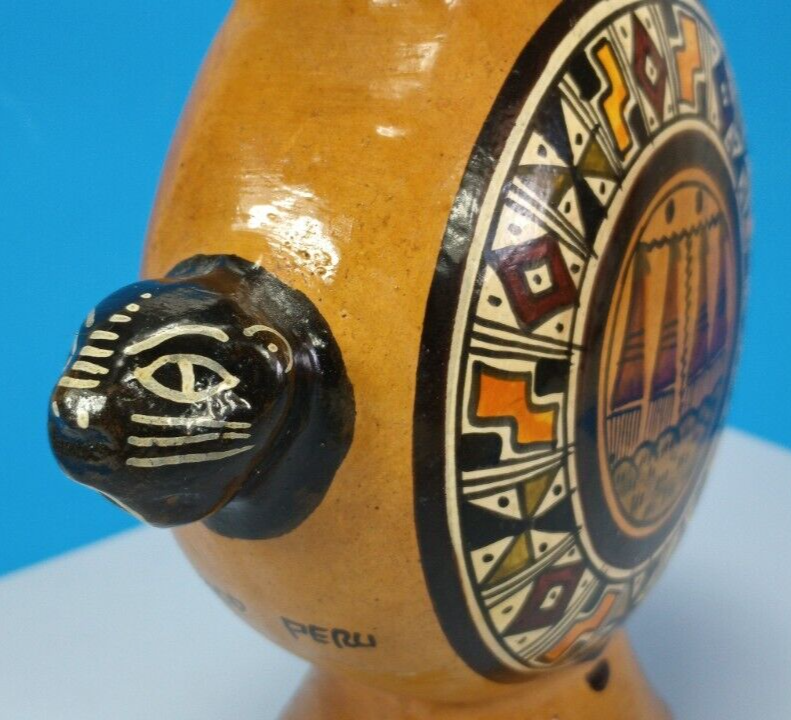 Handcrafted Clay Art From Cusco Peru, Cats Vessel with Handle.