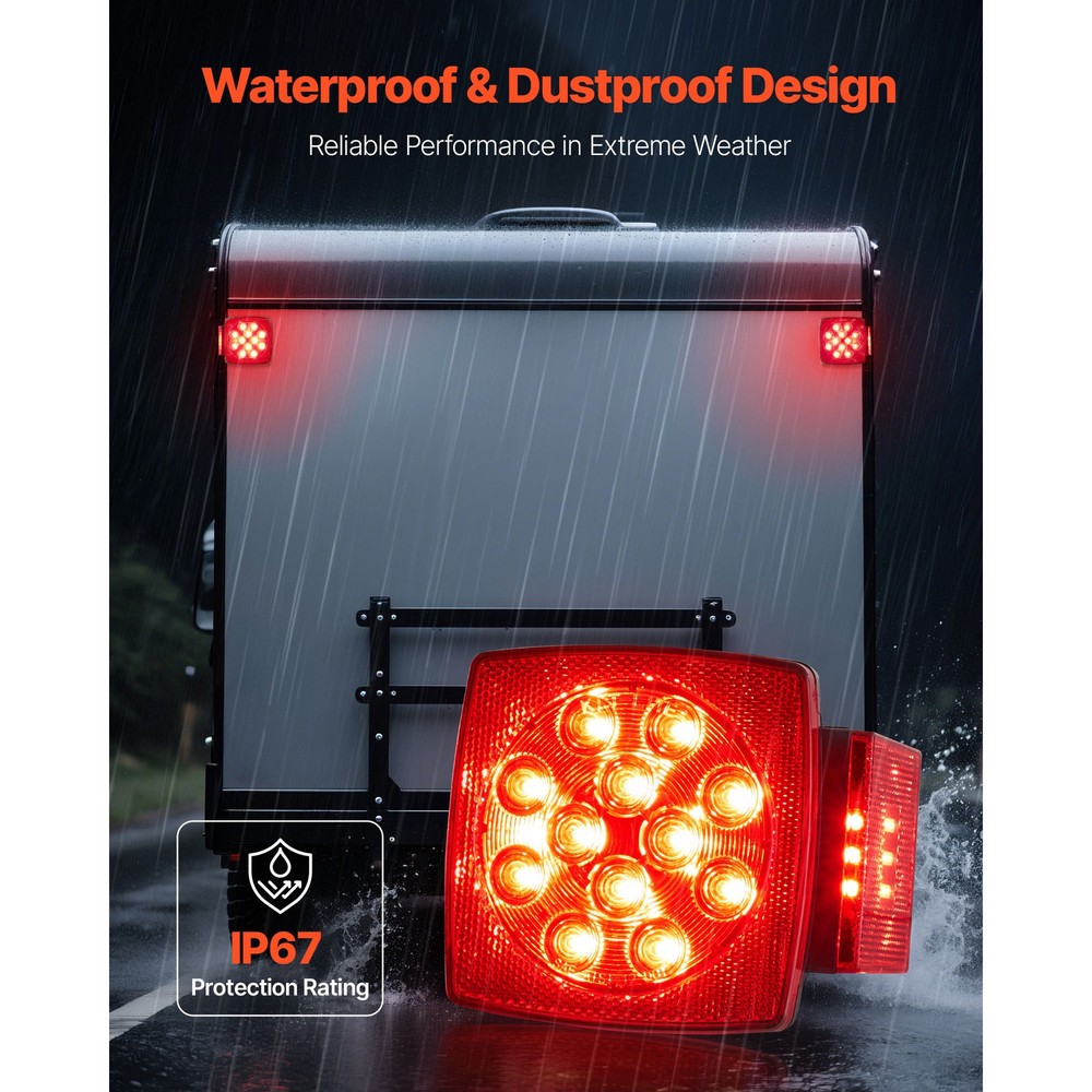 LED Submersible Square Trailer Tail Lights Kit Stop Rear Brake Turn Indicator