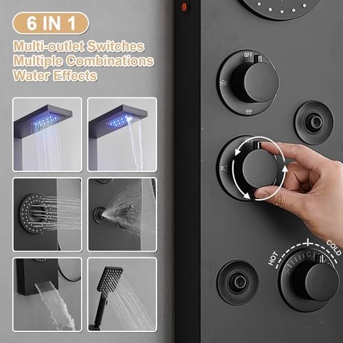 6 in 1 Shower Panel Tower System, Rainfall Shower Panels Set w/LED Matte Black
