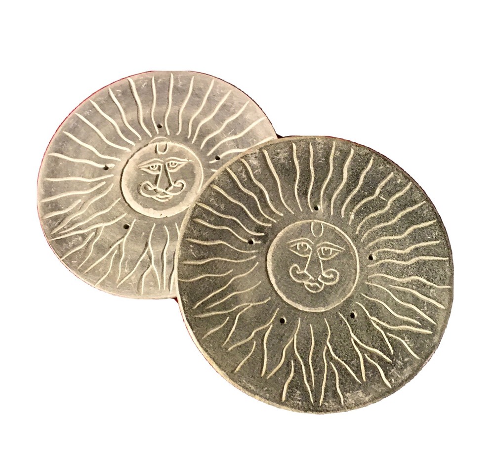 soap stone coasters, sun face carving. Pair