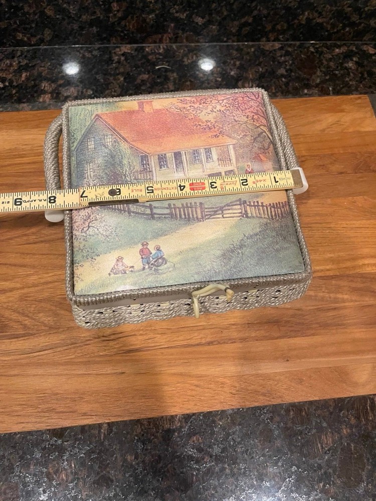 Vintage Weaved String & Fabric Sewing Basket