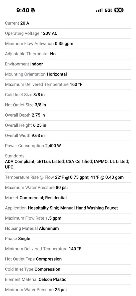 Chronomite Labs 120VAC Undersink Electric Tankless Water Heater