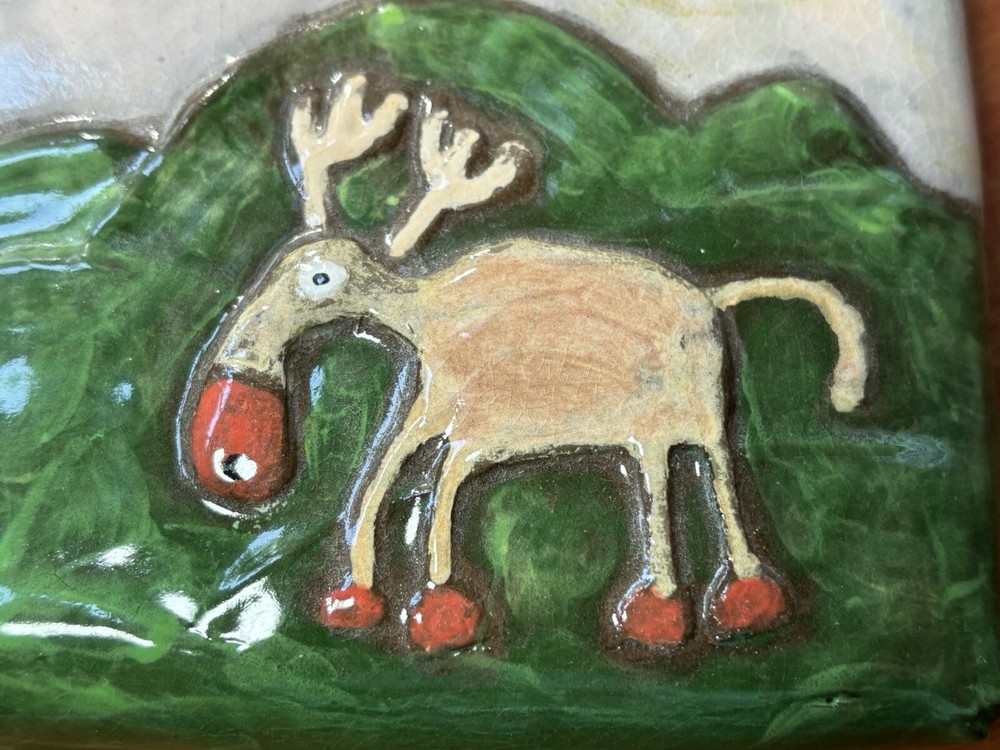Studio Pottery Signed Stoneware Moose Tile Signed HC 7.50"