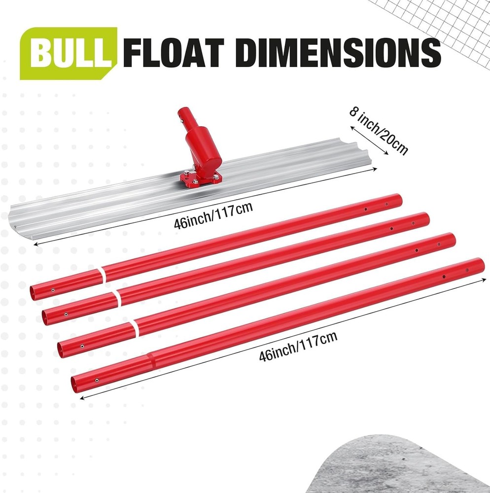 46"x8" Bull Float Magnesium Concrete Float Tool w/ 4 Extendable Handle Round End