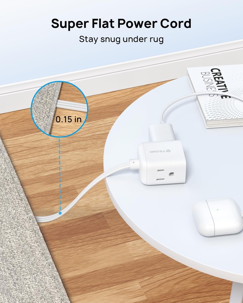 TROND Flat Extension Cord 6 Feet - Right Angled Plug Power 6 ft, White