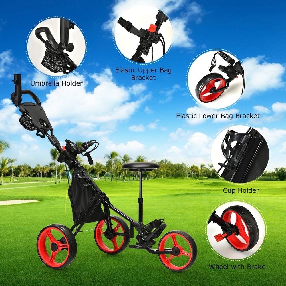3-Wheel Foldable Golf Push Pull Cart Trolley w/ Seat Adjustable Handle Red