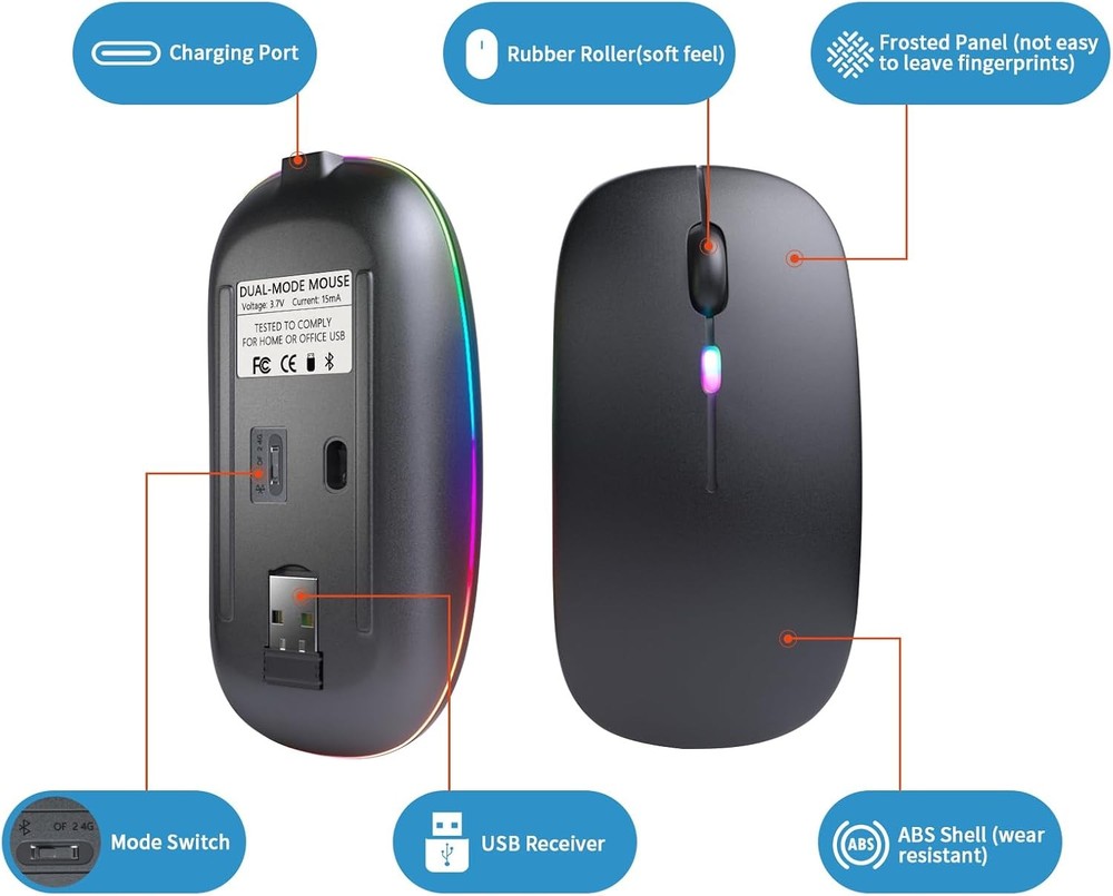 Bluetooth 5.2 Wireless Mouse Rechargeable - Silent LED Mouse for iPad MacBook PC