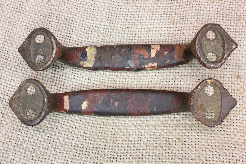 2 Old Drawer Pulls Door Handles Work Bench Paint Splattered Rustic Iron Vintage
