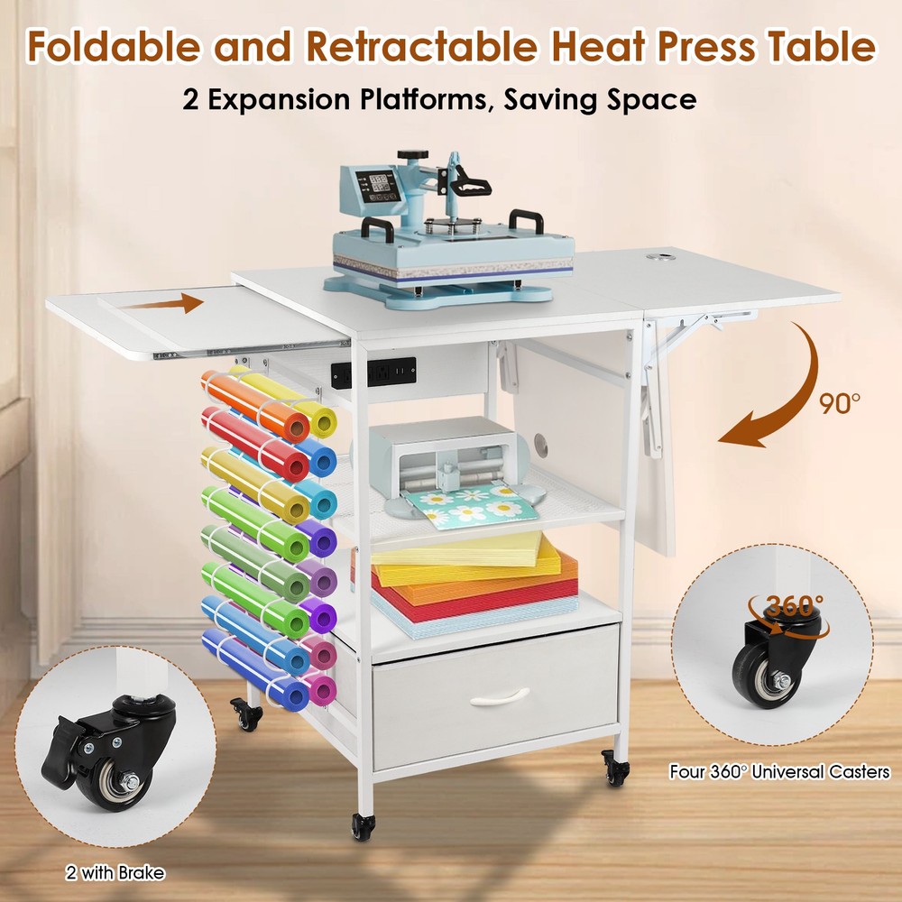 Movable Heat Press Table - 3 Tier Rolling Craft Table with Charging Station