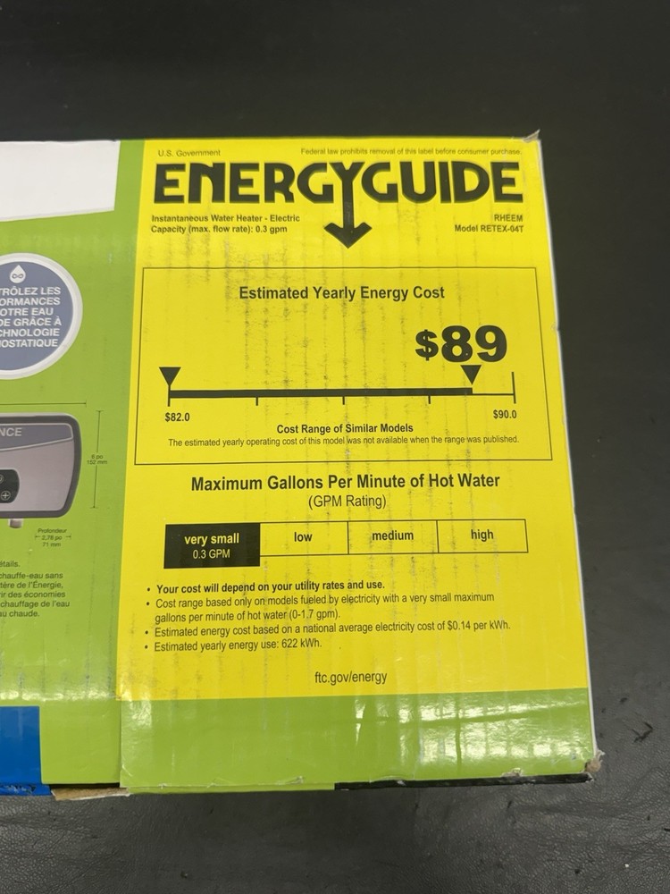 Rheem RETEX-04T Performance 0.68 GPM Point of Use Tankless Electric Water Heater