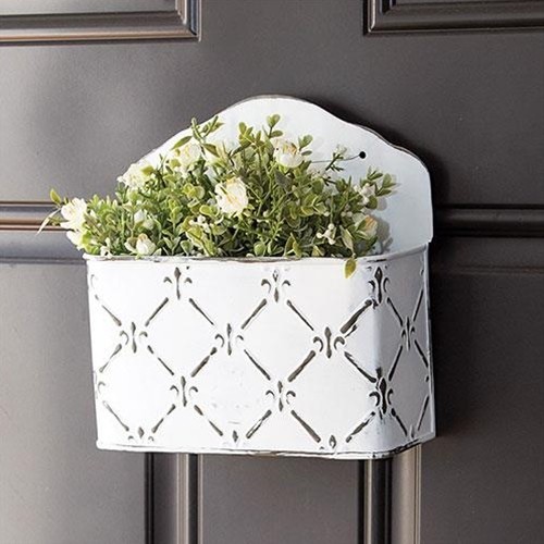 Whitewashed Fleur De Lis Galvanized Mail Bin Box Post Plant Wall Hanging CWI