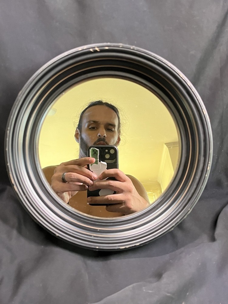 VINTAGE ROUND BLACK FRAME MIRROR 9.25” VTG