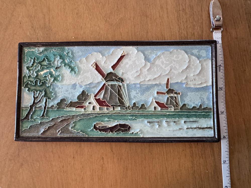 Vintage Royal Delft Dutch Polychrome Cloisonné Tile Windmill Landscape Tile