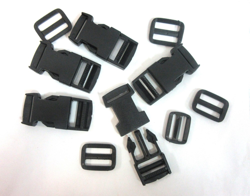 1" Side Release Buckles with Triglides,  Black Heavy Duty Plastic,  24 pc. each
