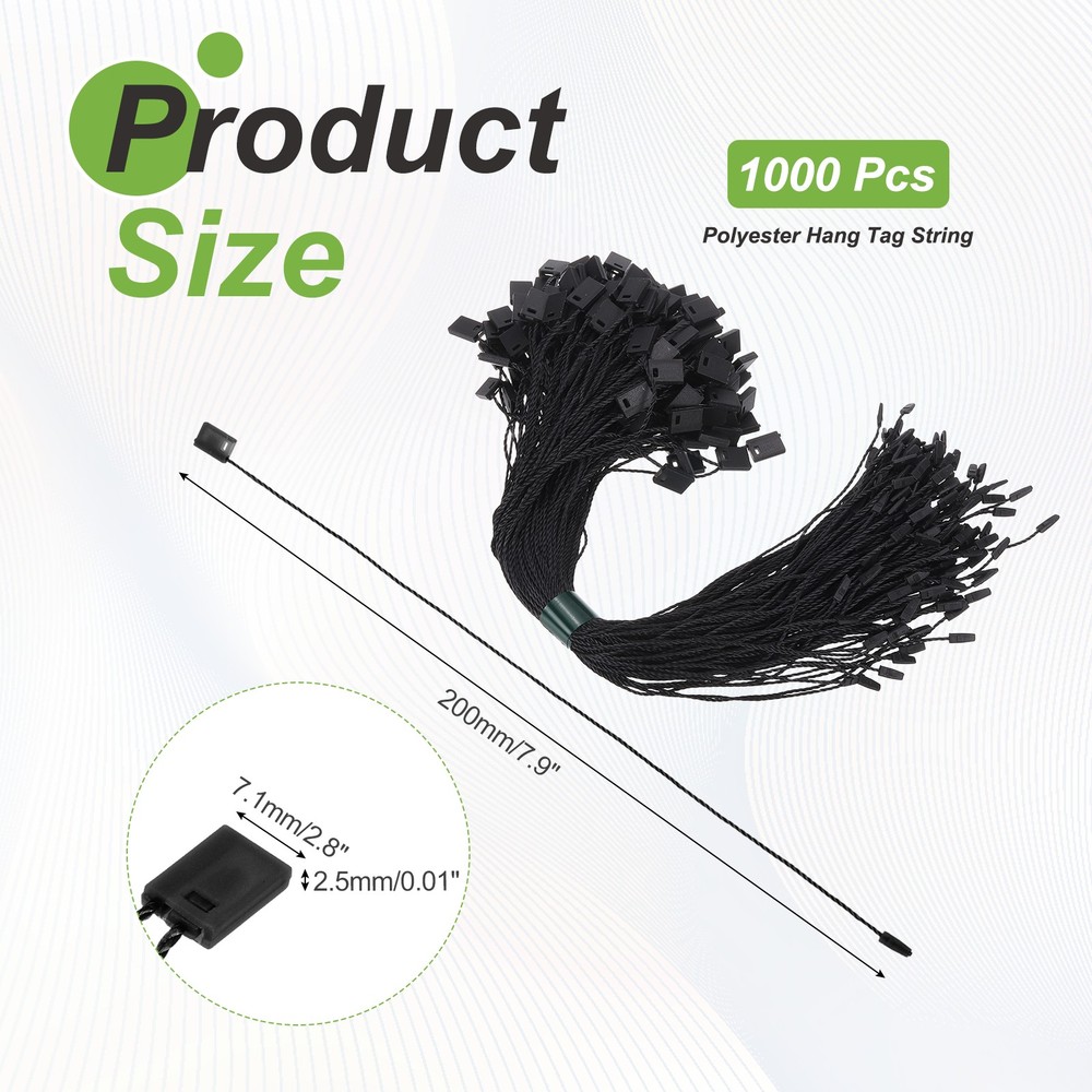 1000pcs Polyester Hang Tag String (7.9") - Plastic Snap Lock Pin Loop Black