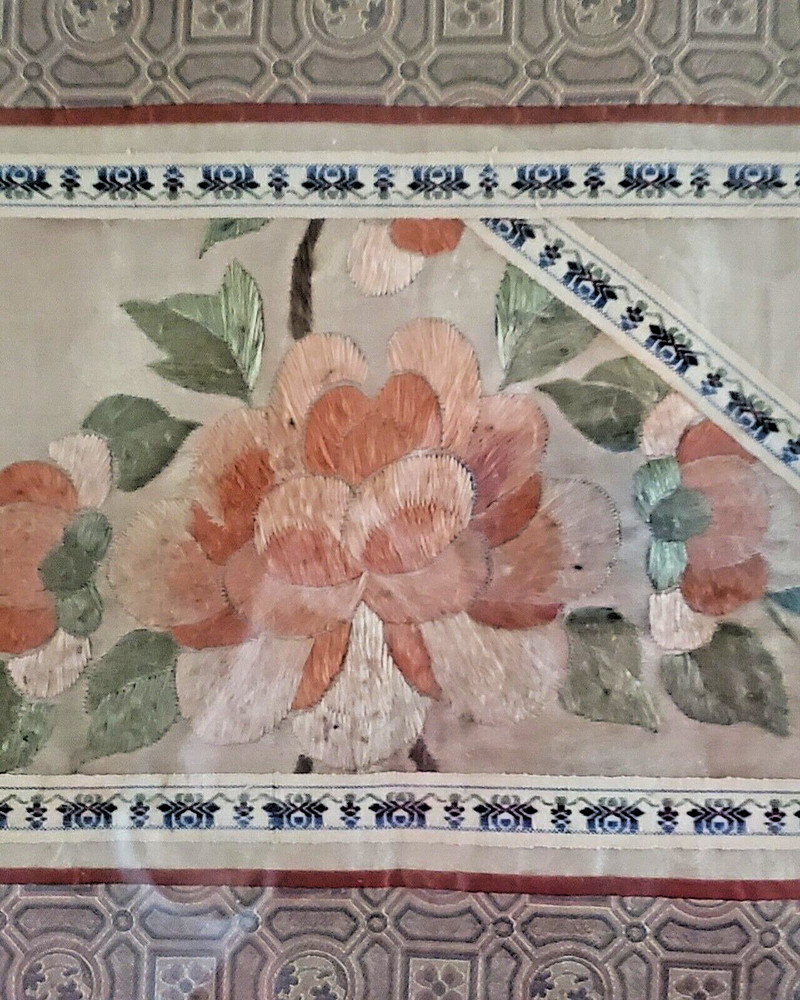 Chinese Silk Peony Hand Embroidered Framed Panel Square wShadow Box Effect 21x17