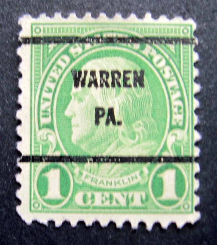 Sc # 632 ~ 1 cent Franklin Issue, Precancel, WARREN PA. (b)