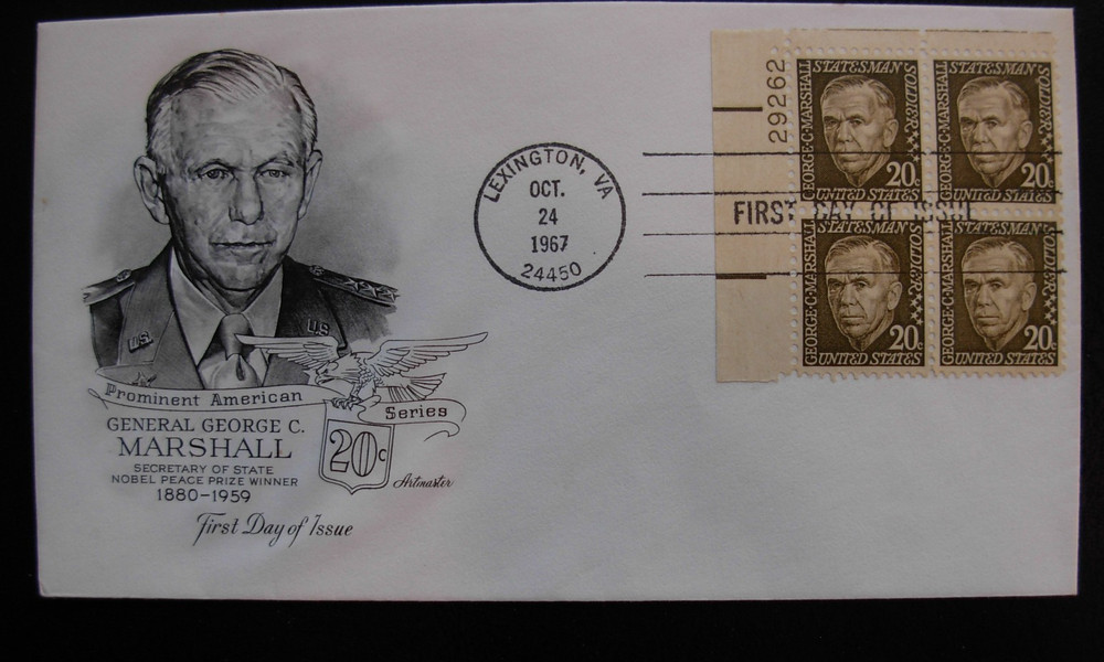 1289 George Marshall, FDC - Matched Set Plate # 29262 Blocks Artmaster