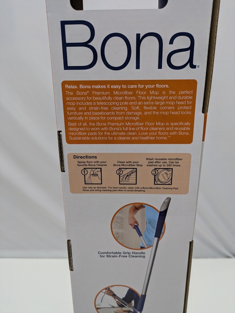 Bona Premium Microfiber Mop 2 in 1 Floor Cleaning Tool w Telescoping Pole Flat