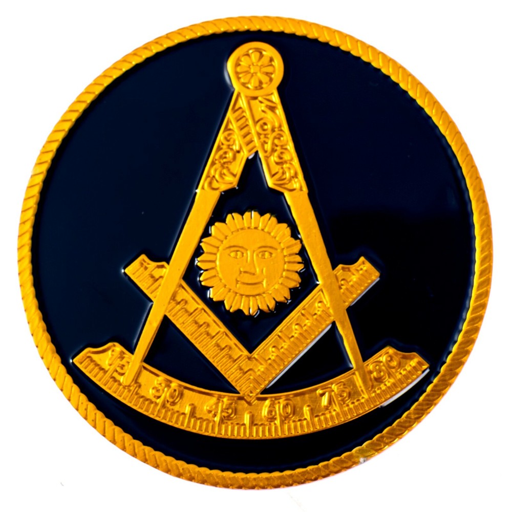Past Master with Square Round Masonic Auto Emblem - [Blue & Gold][2'' Diameter]