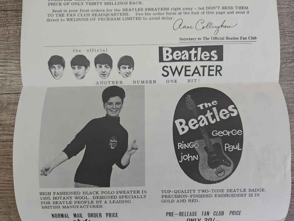 Original 1963 Beatles Sweater Order Form Complete