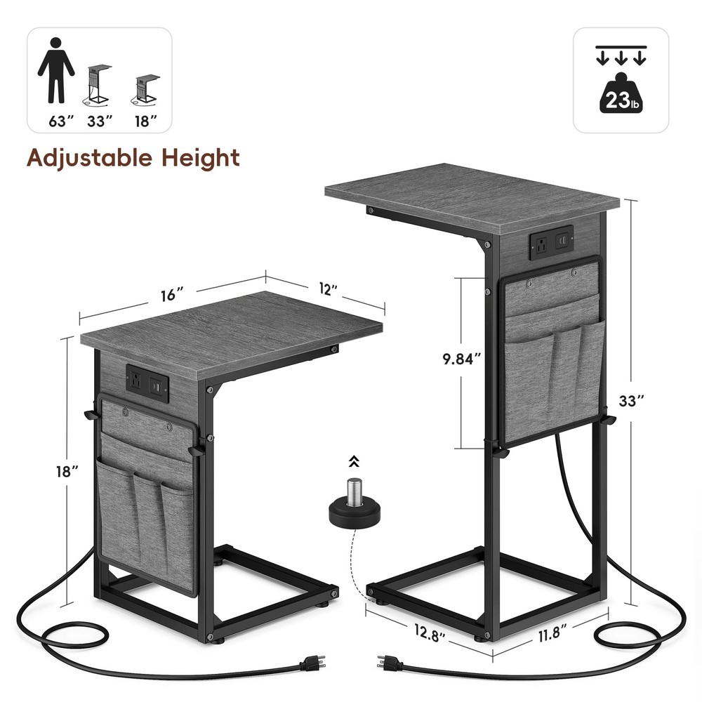 Vagusicc C Shaped End Table with Charging Station, C Table End Table Adjustable