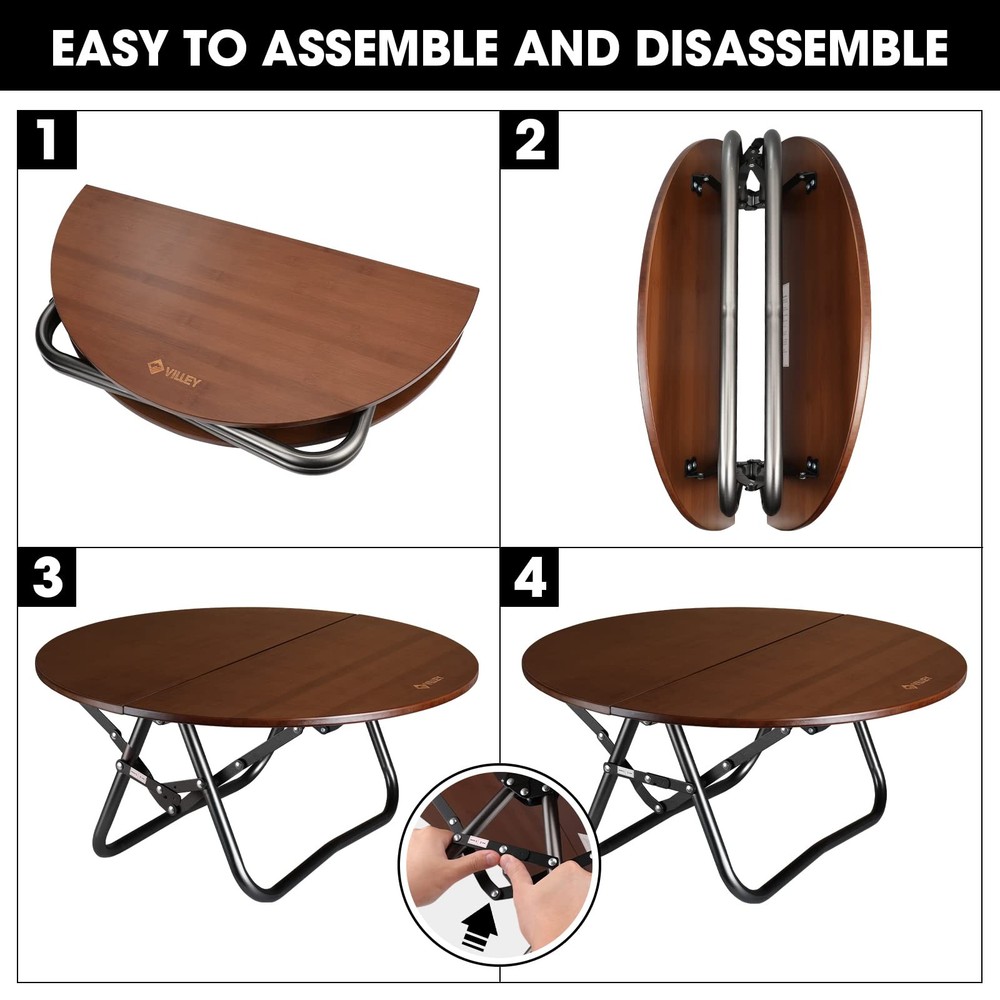 Bamboo Round Folding Table, Camping Half-fold Portable Table with Carrying Ba...