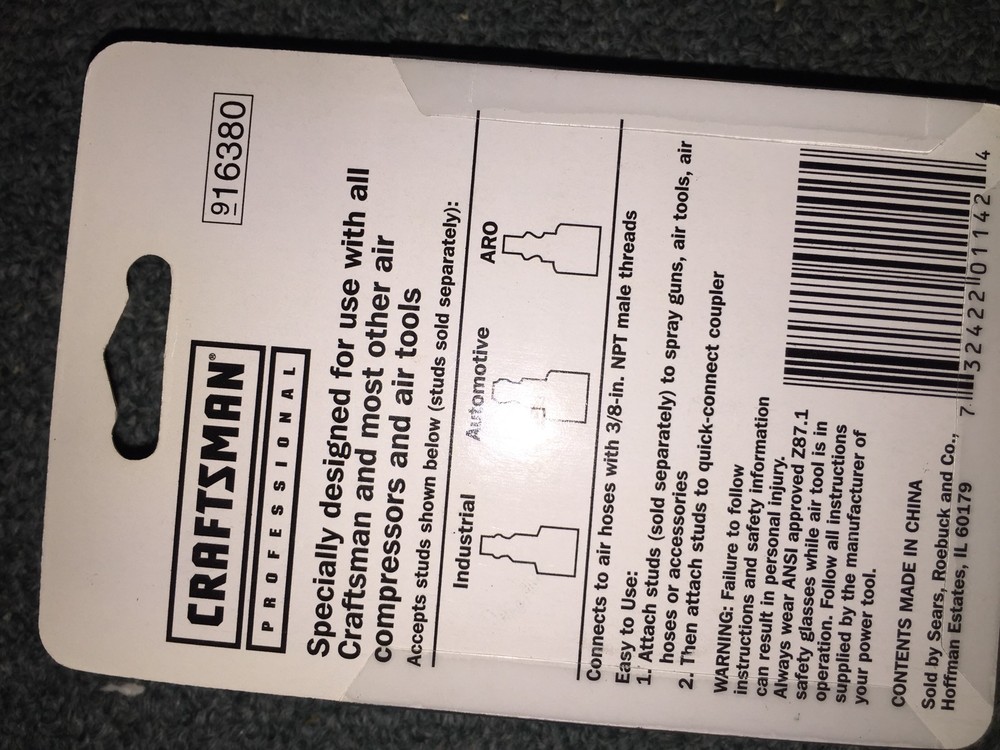 Craftsman 3 pc Set 3/8 quick connect Disconnect coupler & Stud / Nipple Air Tool