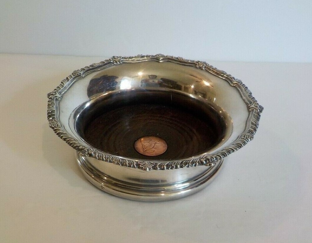 19th C. Silver Plated Wine Bottle Coasters, Wooden Base, Copper Armorial
