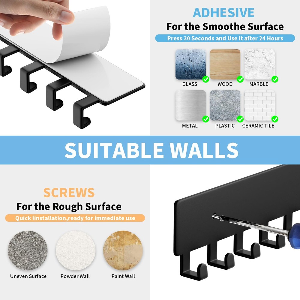 Wall Mounted Key Holder with 10 Hooks, Self Adhesive Key Rack Organizer